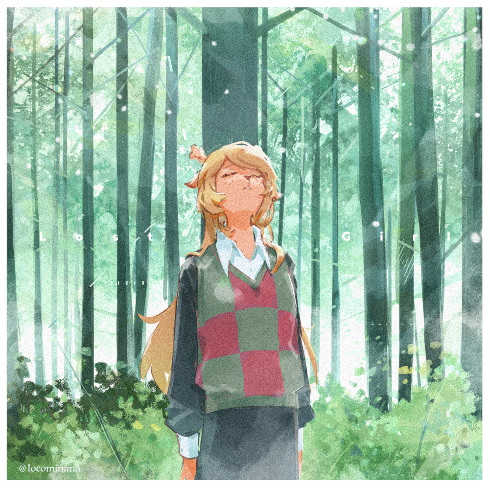 artist_name blonde_hair bush calm closed_eyes day fog forest hands_down leaves locominima nature noelle_holiday shirt skirt sweater text_background tree untucked_shirt