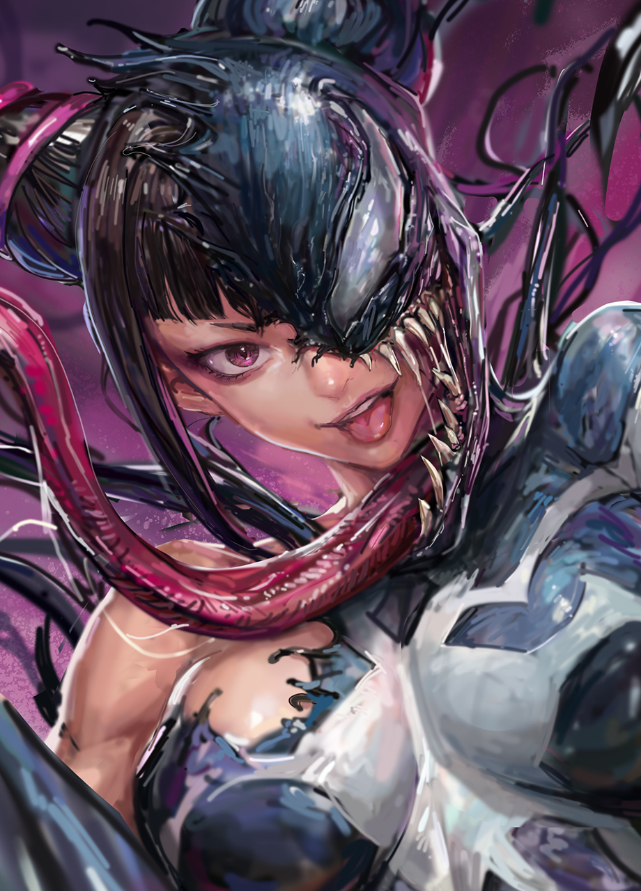 1girl bare_shoulders black_hair breasts capcom cleavage close-up corruption crossover fangs han_juri highres lips looking_at_viewer marvel miche parasite parted_lips possessed possession red_eyes short_hair skin_tight solo spider-man_(series) street_fighter symbiote tendril tongue tongue_out twintails unfinished venom_(marvel) white_eyes