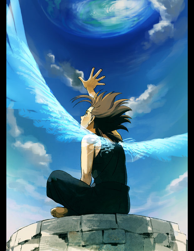 00s 1boy arm_up bad_id bad_pixiv_id bare_shoulders barefoot brown_hair cloud from_behind lloyd_irving looking_up male_focus pants pillarboxed shimabara shirt short_hair sio_vanilla sitting sky solo spiked_hair tales_of_(series) tales_of_symphonia tank_top wings