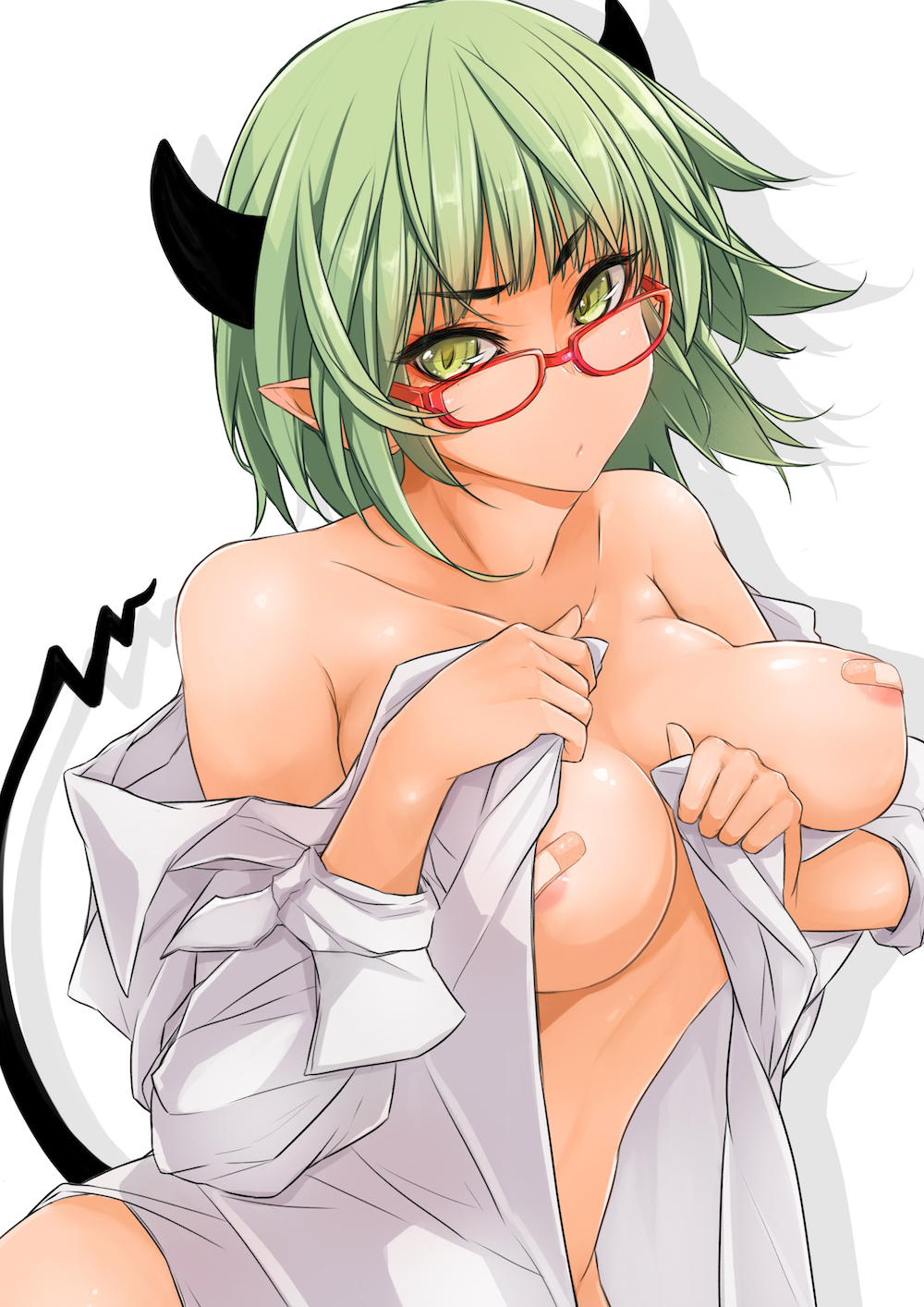 1girl bandaid bandaids_on_nipples bare_shoulders breasts female_focus glasses green_eyes green_hair highres horns maru-pen medium_breasts open_clothes open_shirt original pasties pointy_ears pout red-framed_eyewear shirt short_hair solo white_shirt