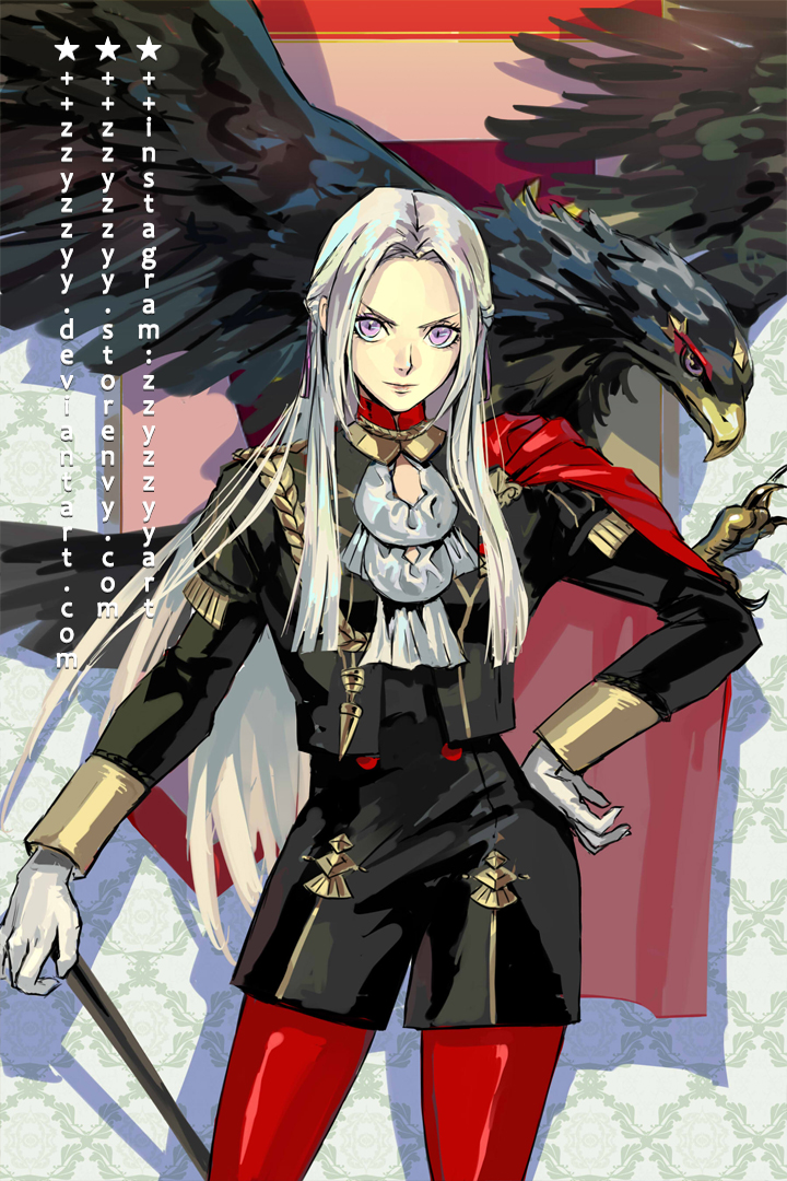 1girl aiguillette animal ascot beak bird black_dress black_jacket cape commentary_request cowboy_shot deviantart_username dress eagle edelgard_von_hresvelg fire_emblem fire_emblem:_three_houses forehead garreg_mach_monastery_uniform gloves hair_ribbon hand_on_own_hip holding instagram_username jacket lips long_hair long_sleeves looking_at_viewer nintendo pantyhose purple_eyes purple_ribbon red_cape red_pantyhose ribbon shadow short_dress silver_hair solo standing star_(symbol) talons very_long_hair watermark web_address white_gloves wings zzyzzyy