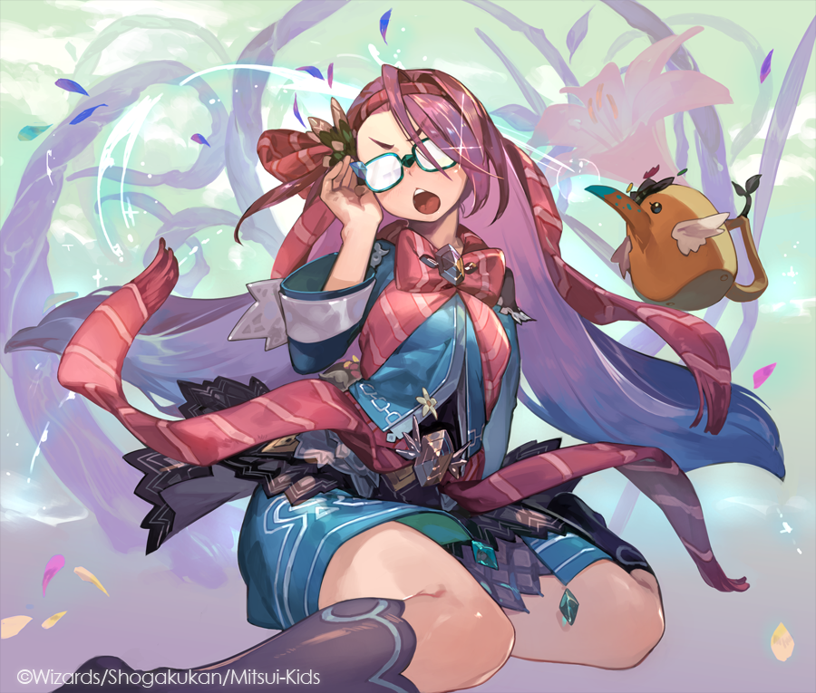 1girl black_boots blue_jacket copyright_notice creature duel_masters flower glasses glint jacket lily_(flower) long_hair love_fairy_hydrangea official_art opaque_glasses open_mouth purple_hair so-taro stripe_bow teeth upper_teeth_only very_long_hair