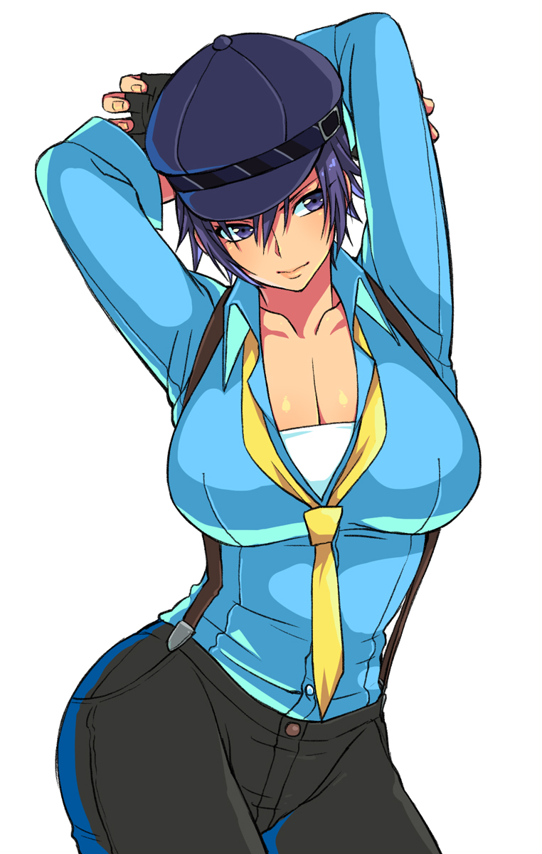 1girl alternate_breast_size arms_up blouse blue_eyes blue_hair blue_shirt breasts cabbie_hat cleavage cowboy_shot curvy eroe female_focus fingerless_gloves gloves hat highres large_breasts matching_hair/eyes necktie persona persona_4 persona_4:_dancing_all_night persona_dancing revision shirogane_naoto shirt short_hair simple_background solo suspenders white_background wide_hips yellow_necktie