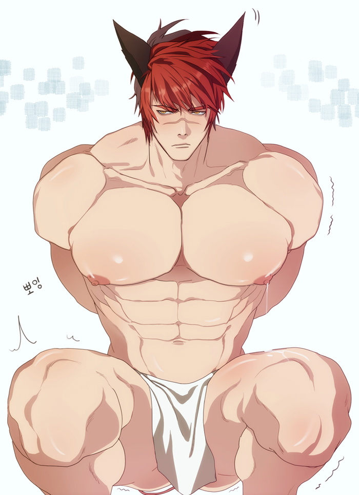 1boy abs animal_ears arms_behind_back bara closed_mouth gluteal_fold large_pectorals league_of_legends male_focus muscular muscular_male navel nipples pectorals pelvic_curtain red_hair ryub scar scar_on_face scar_on_nose sett_(league_of_legends) short_hair solo squatting thighs translation_request