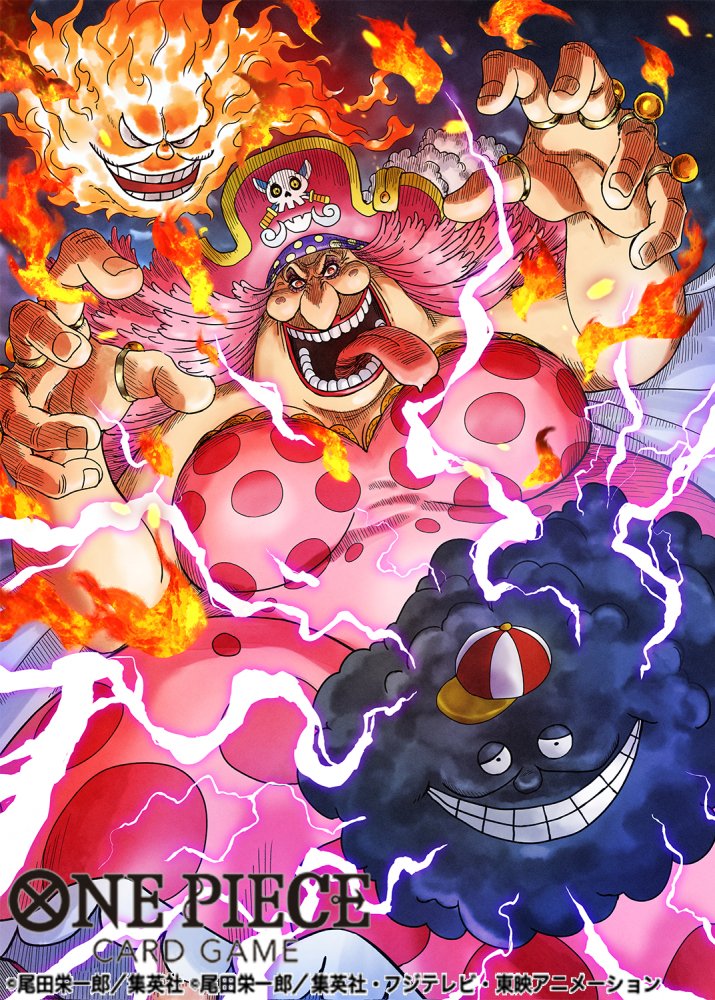 1girl charlotte_linlin cloud commentary_request copyright_name dress electricity evil_smile fire hat jewelry long_hair looking_at_viewer nagare_seiya official_art one_piece one_piece_card_game pink_dress pink_hair pirate_hat prometheus_(one_piece) ring round_teeth smile teeth tongue tongue_out usopp zeus_(one_piece)