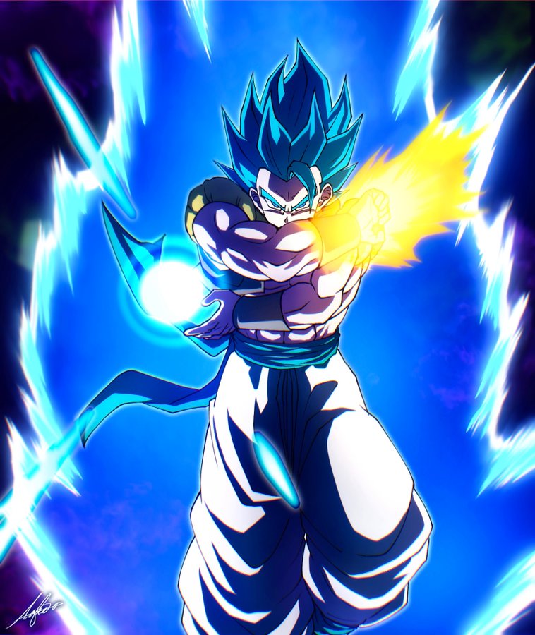 abs aura black_vest blue_eyes blue_hair blue_sash cropped_vest dragon_ball dragon_ball_super dragon_ball_super_broly gogeta lafia_db medium_hair metamoran_vest muscular muscular_male open_clothes open_vest pants powering_up sash signature spiked_hair super_saiyan super_saiyan_blue vest white_pants