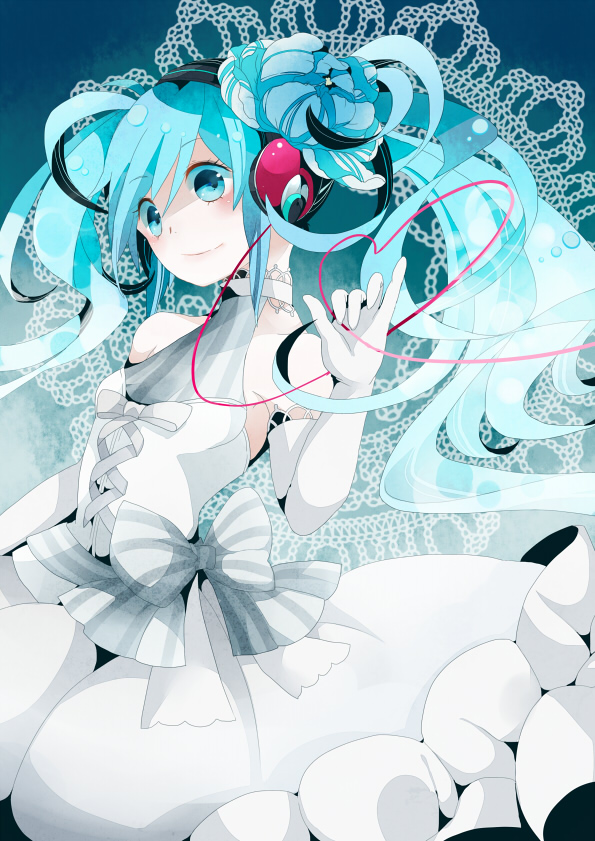 1girl aqua_eyes aqua_hair bati15 dress elbow_gloves female_focus gloves hatsune_miku headphones long_hair solo twintails vocaloid