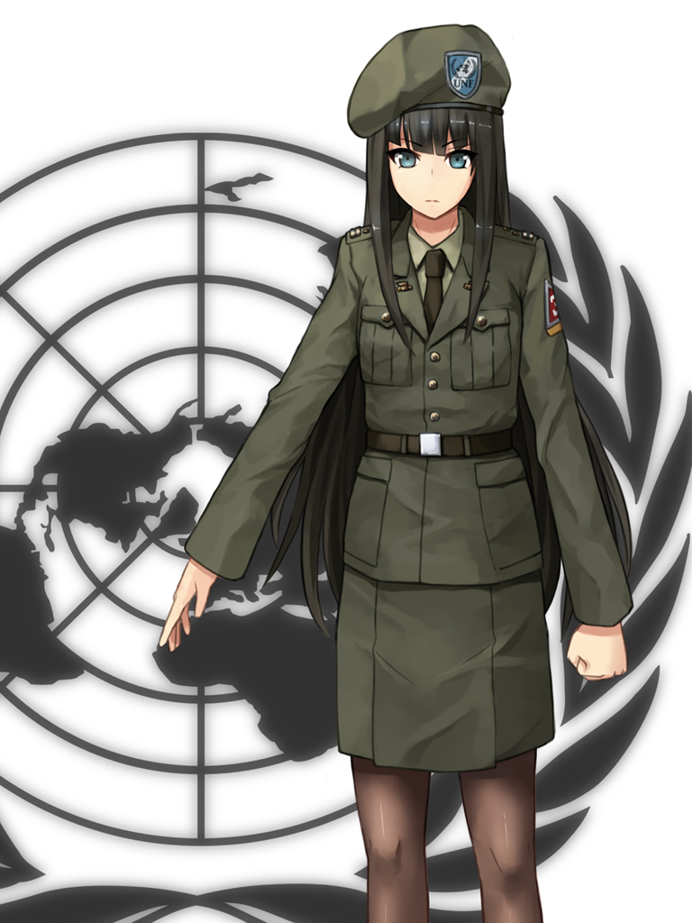 1girl aim120amraama bad_id bad_pixiv_id badge belt beret black_hair black_pantyhose blue_eyes clenched_hand female_focus hat long_hair looking_at_viewer map mikado_(winters) military military_uniform necktie original pantyhose solo thighhighs very_long_hair