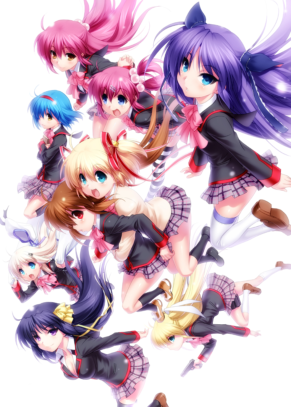 6+girls black_hair blonde_hair blue_eyes blue_hair book bow breasts brown_hair cape cleavage fang futaki_kanata gun hair_bobbles hair_ornament hair_ribbon hairband hat highres holding_hands hug hug_from_behind kamikita_komari kurugaya_yuiko little_busters! long_hair multiple_girls natsume_rin nishizono_mio noumi_kudryavka open_mouth pink_bow plaid_clothes plaid_skirt ponytail purple_eyes purple_hair red_eyes ribbon saigusa_haruka sasasegawa_sasami school_uniform short_hair side_ponytail silver_hair skirt smile striped_clothes striped_legwear striped_thighhighs thighhighs tokido_saya twintails weapon yellow_eyes zen