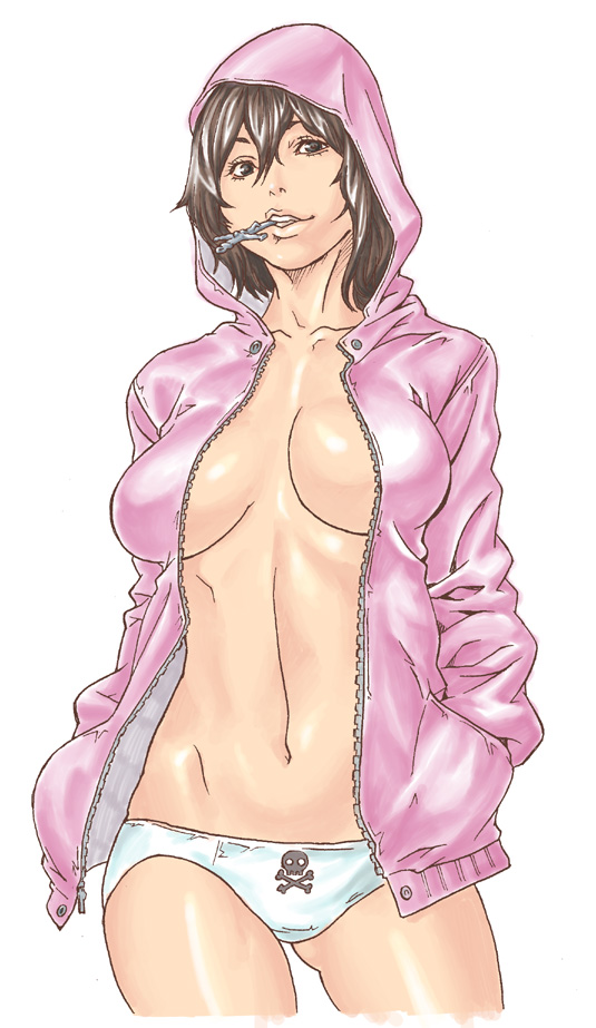 66head breasts brown_hair hands_in_pockets hood hooded_jacket jacket large_breasts no_bra open_clothes open_jacket original panties short_hair solo underwear white_panties