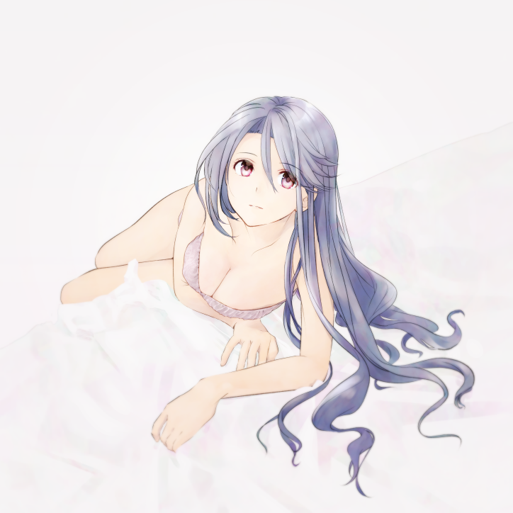 1girl blue_hair bra breasts bu_(urbznd151129) closed_mouth falcom hokuto_mitsuki large_breasts long_hair looking_at_viewer lying pink_eyes simple_background solo tokyo_xanadu underwear