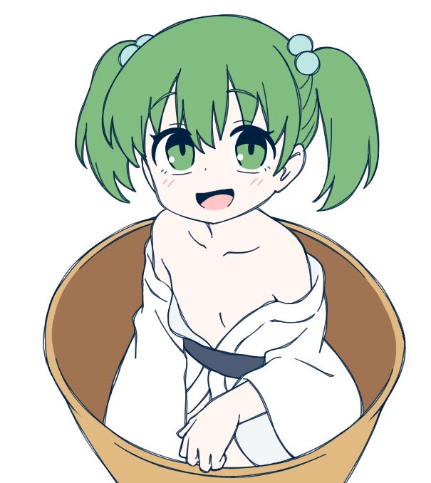 1girl :d black_sash blush breasts bucket collarbone commentary cowboy_shot flat_color green_eyes green_hair hair_between_eyes hair_bobbles hair_ornament in_container japanese_clothes ketsumaimo kimono kisume long_sleeves looking_at_viewer obi off_shoulder open_mouth sash short_hair short_twintails simple_background small_breasts smile solo touhou twintails white_background white_kimono wide_sleeves