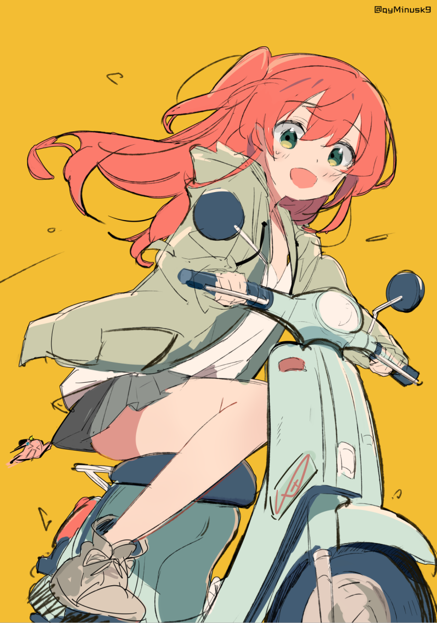 1girl blush bocchi_the_rock! brown_jacket commentary english_commentary gotoh_hitori gotoh_hitori_(octopus) green_eyes grey_skirt hair_between_eyes highres hood hood_down hooded_jacket jacket kita_ikuyo long_hair looking_at_viewer minusk9 mixed-language_commentary motor_vehicle on_scooter one_side_up open_clothes open_jacket open_mouth pleated_skirt red_hair scooter shirt skirt solo sweatdrop white_shirt yellow_background