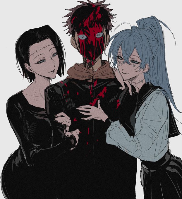 1boy 2girls arm_hug black_hair blood blood_on_clothes blood_on_face blue_hair fallsoki hand_on_another&#039;s_chest hand_on_another&#039;s_shoulder head_on_another&#039;s_shoulder itadori_kaori jujutsu_kaisen kenjaku light_blue_hair mahito_(jujutsu_kaisen) multiple_girls possessed possession school_uniform shaded_face stitches