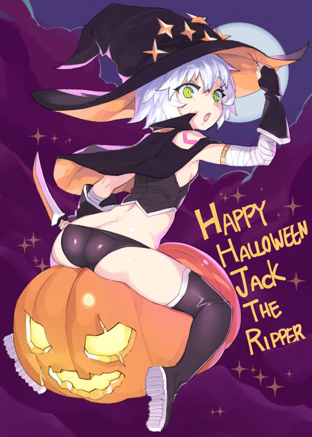 1girl ass bandaged_arm bandages black_panties boots butt_crack commentary_request crop_top dagger facial_scar fate/apocrypha fate/grand_order fate_(series) fingerless_gloves flat_chest flying full_body gloves green_eyes halloween happy_halloween hat henry_bird_9 holding holding_dagger holding_knife holding_weapon jack-o&#039;-lantern jack_the_ripper_(fate/apocrypha) knife looking_at_viewer looking_back night open_mouth panties pumpkin scar scar_on_cheek scar_on_face short_hair sky solo thigh_boots underwear weapon white_hair witch_hat