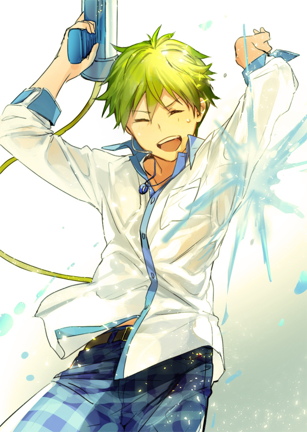 1044kiro 10s 1boy akiyama_hayato alternate_costume arms_up belt cowboy_shot closed_eyes green_hair headset idolmaster idolmaster_side-m male_focus shirt smile solo water water_gun wet wet_clothes wet_shirt