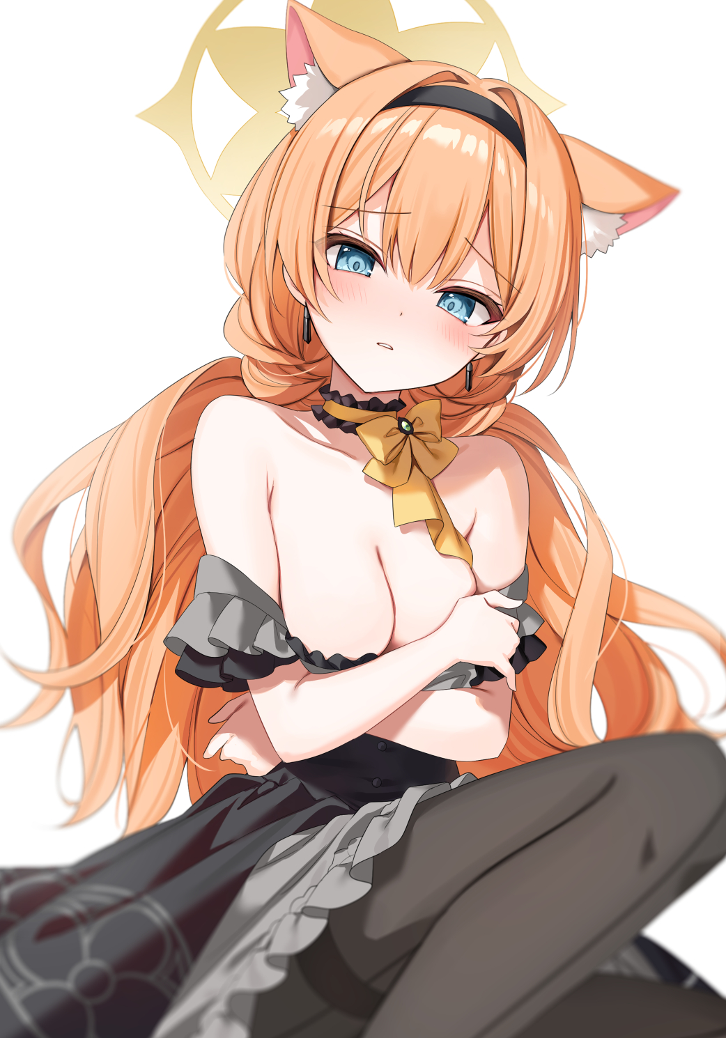 1girl alternate_breast_size animal_ear_fluff animal_ears bare_shoulders black_dress blue_archive blue_eyes blush bow breasts cat_ears cat_girl cleavage commentary dress grey_dress hair_intakes halo highres long_hair looking_at_viewer low_twintails mari_(blue_archive) mari_(idol)_(blue_archive) medium_breasts off_shoulder official_alternate_costume official_alternate_hairstyle orange_hair pantyhose simple_background solo strap_slip twintails two-tone_dress white_background wrist_wrap yellow_bow yellow_halo yon_(letter)