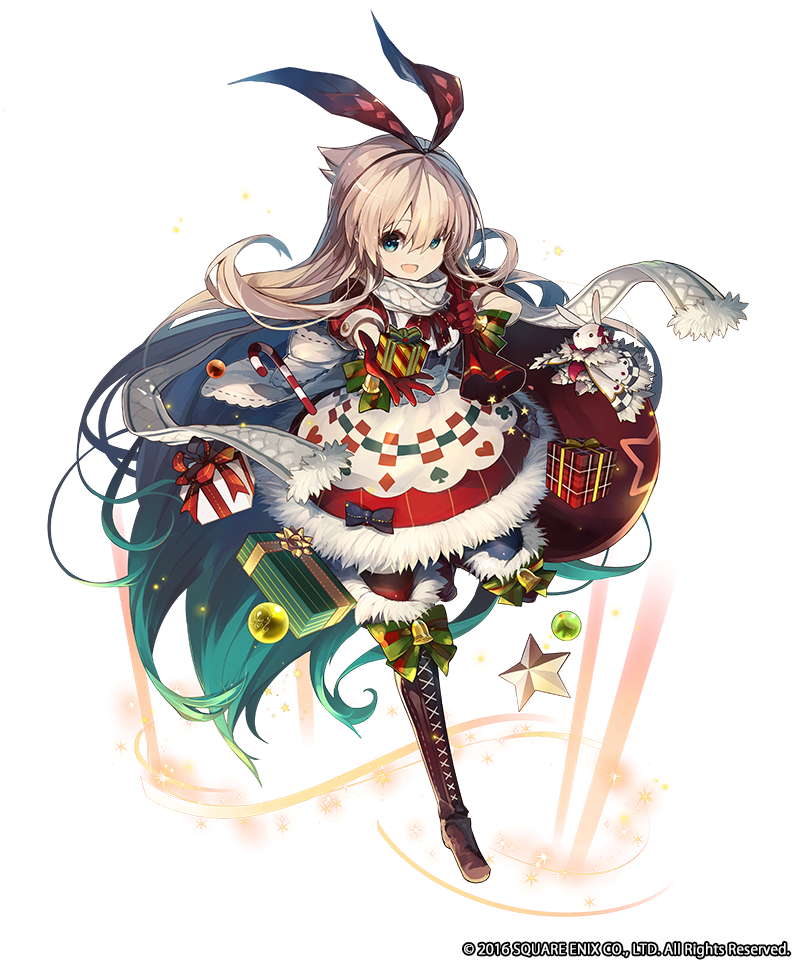 1girl alice_(seiya)_(grimms_notes) bag blonde_hair blue_eyes christmas christmas_present copyright_notice full_body fur_trim gift gloves grimms_notes holding holding_bag hosato_mikine long_hair official_art open_mouth red_gloves simple_background smile solo white_background