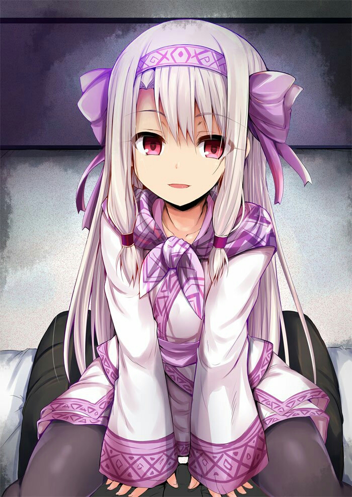 1girl ainu_clothes bad_id bad_pixiv_id black_pantyhose blush bow collarbone eyelashes fate/grand_order fate_(series) hair_between_eyes hair_bow hair_tubes hairband illyasviel_von_einzbern long_hair looking_at_viewer open_mouth pantyhose parted_lips purple_bow purple_scarf red_eyes ribbon sash scarf sen_(astronomy) sidelocks sitonai_(fate) sitonai_(fate/grand_order) sitting smile solo_focus sweater thighs very_long_hair white_hair white_sweater