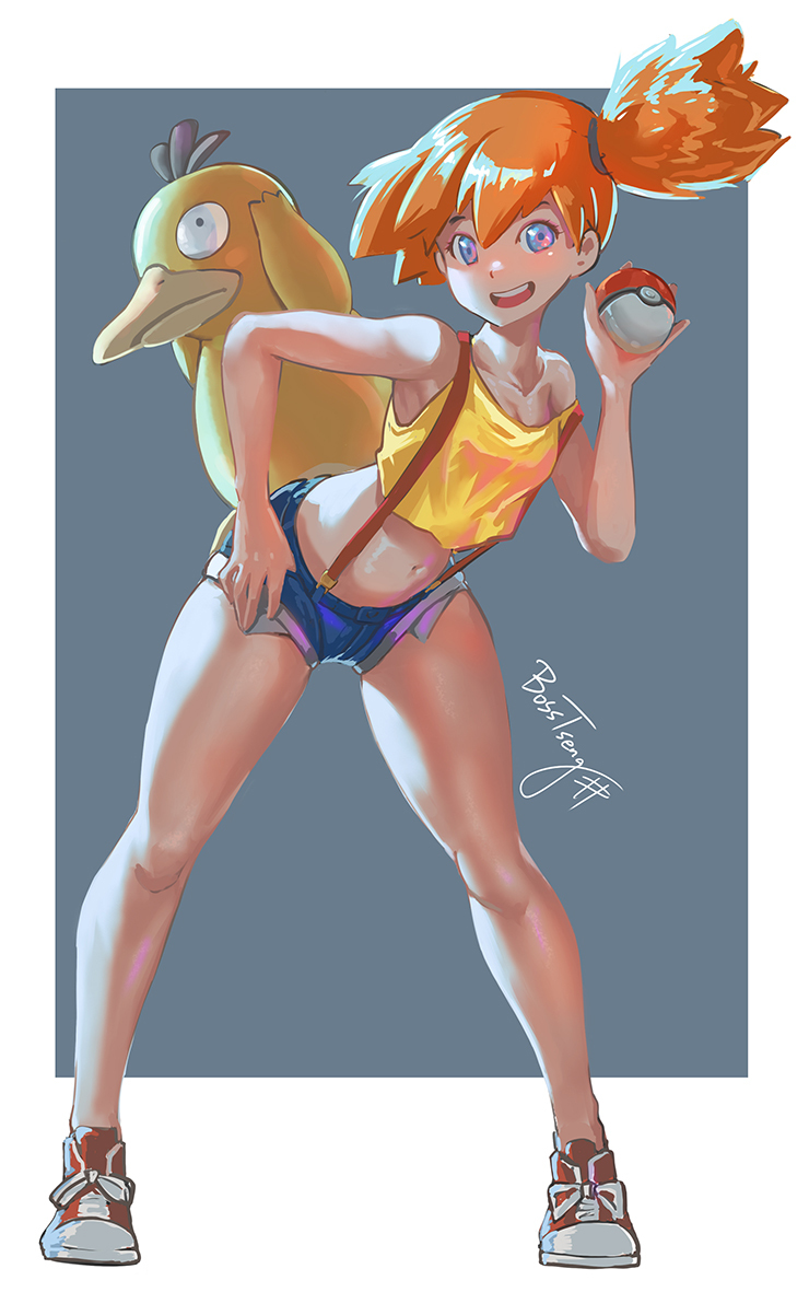 1girl asymmetrical_hair blue_eyes bosstseng breasts creatures_(company) game_freak gen_1_pokemon holding holding_poke_ball looking_at_viewer midriff misty_(pokemon) navel nintendo open_mouth orange_hair poke_ball pokemon pokemon_(anime) pokemon_(classic_anime) pokemon_(creature) ponytail psyduck shirt short_hair shorts side_ponytail sleeveless sleeveless_shirt smile solo suspenders thighs