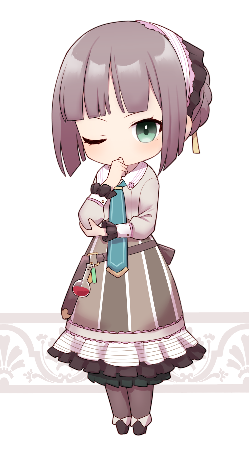 1girl atelier_(series) atelier_firis black_footwear black_pantyhose blue_necktie blunt_bangs brown_hair chibi collared_shirt flask frilled_skirt frills full_body green_eyes grey_skirt hair_bun hand_on_own_elbow hand_to_own_mouth hand_up highres kinakonato long_sleeves looking_at_viewer necktie one_eye_closed pantyhose ren_breitner round-bottom_flask shirt shoes short_hair sidelocks skirt solo standing striped_clothes striped_skirt thinking vertical-striped_clothes vertical-striped_skirt