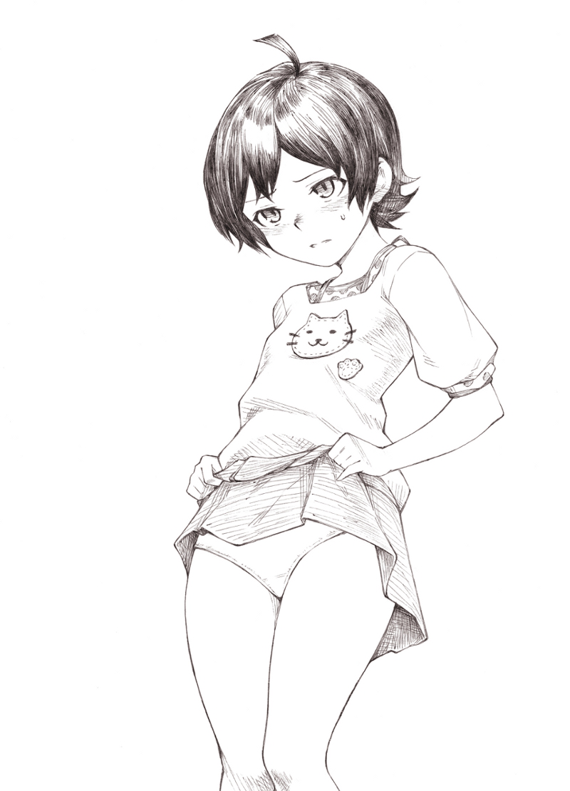 1girl ahoge animal_print blush breasts cat_print clothes_lift cowboy_shot crotch_seam dot_nose double-parted_bangs flipped_hair greyscale idolmaster idolmaster_million_live! idolmaster_million_live!_theater_days kinoshita_hinata lifting_own_clothes monochrome panties shirt short_hair short_sleeves simple_background skirt skirt_lift small_breasts solo sweat takeuma underwear white_background