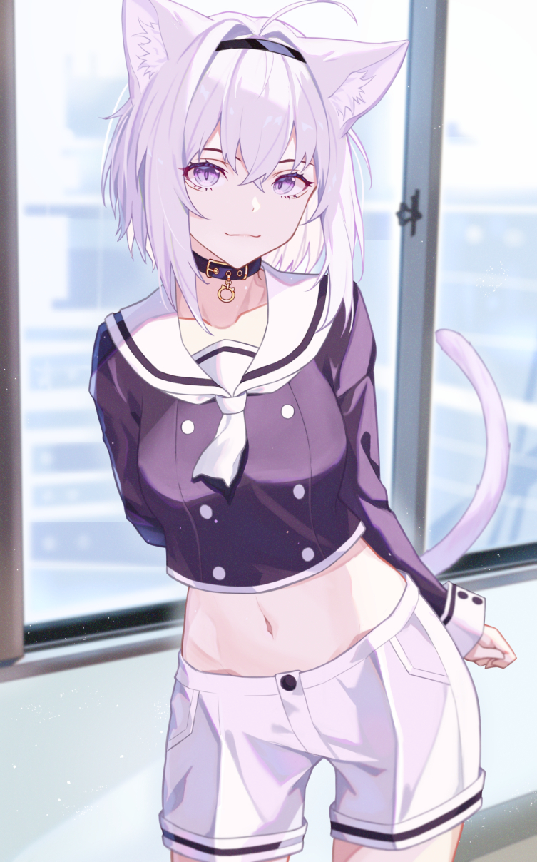 1girl ahoge animal_ears arms_behind_back cat_ears cat_tail collar hair_between_eyes headband highres hololive long_sleeves looking_at_viewer midriff nekomata_okayu nekomata_okayu_(casual) nihnfinite8 purple_eyes purple_hair sailor_collar short_hair shorts solo tail virtual_youtuber window