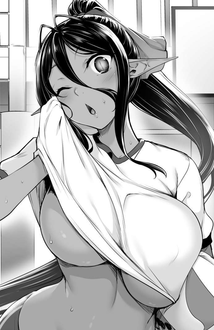 1girl antenna_hair breasts chotto_dake_ai_ga_omoi_dark_elf_ga_isekai_kara_oikakete_kita clothes_lift dark-skinned_female dark_elf dark_skin elf eyelashes greyscale gym_uniform hair_between_eyes hair_ribbon huge_breasts large_breasts lifting_own_clothes long_hair mariabelle_(chotto_dake_ai_ga_omoi_dark_elf_ga_isekai_kara_oikakete_kita) midriff monochrome nakano_sora no_bra one_eye_closed open_mouth pointy_ears ponytail ribbon shirt_lift slit_pupils solo sweat underboob wiping_sweat