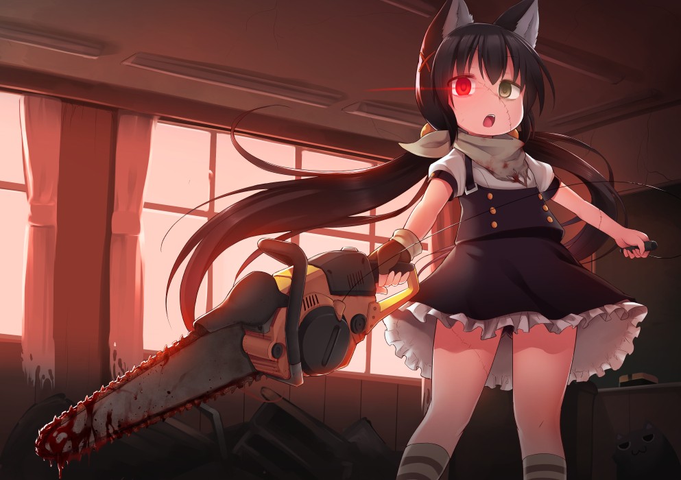 1girl animal_ears black_dress black_hair blood blood_on_clothes bloody_weapon chainsaw classroom dress frilled_dress frills green_eyes hair_ornament hairclip heterochromia holding holding_chainsaw long_hair neckerchief open_mouth original red_eyes short_dress socks solo striped_clothes striped_socks twintails victor_(tama_e_akira) weapon white_dress zombie