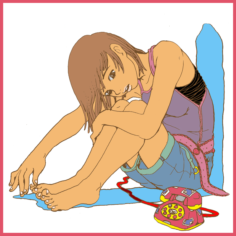 1girl antique_phone barefoot border brown_eyes brown_hair camisole dark_skin denim denim_shorts hugging_own_legs kodafishcom looking_down medium_hair open_mouth original phone pink_sash purple_camisole red_border rotary_phone sash shorts sitting