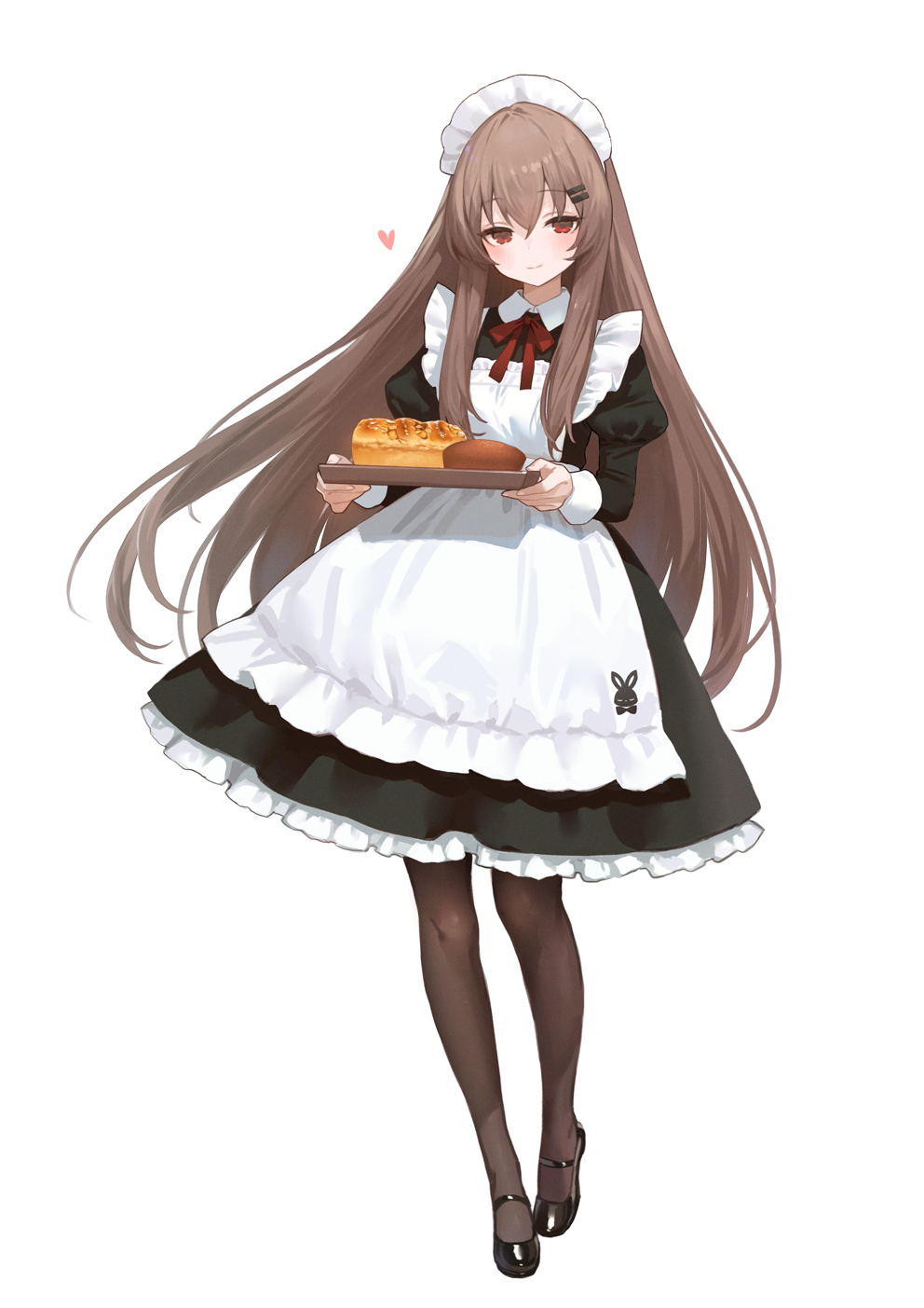 1girl adelie_cat apron black_dress black_pantyhose black_shoes blush bread brown_hair commentary_request dress food frilled_apron frilled_dress frilled_headwear frills full_body hair_ornament hairclip heart highres holding holding_tray juliet_sleeves long_hair long_sleeves looking_at_viewer maid maid_apron maid_headdress mary_janes neck_ribbon pantyhose puffy_sleeves red_eyes red_ribbon ribbon sentinel_girls shoes simple_background snezhinka_(sentinel_girls) solo tray very_long_hair white_apron white_background white_headdress