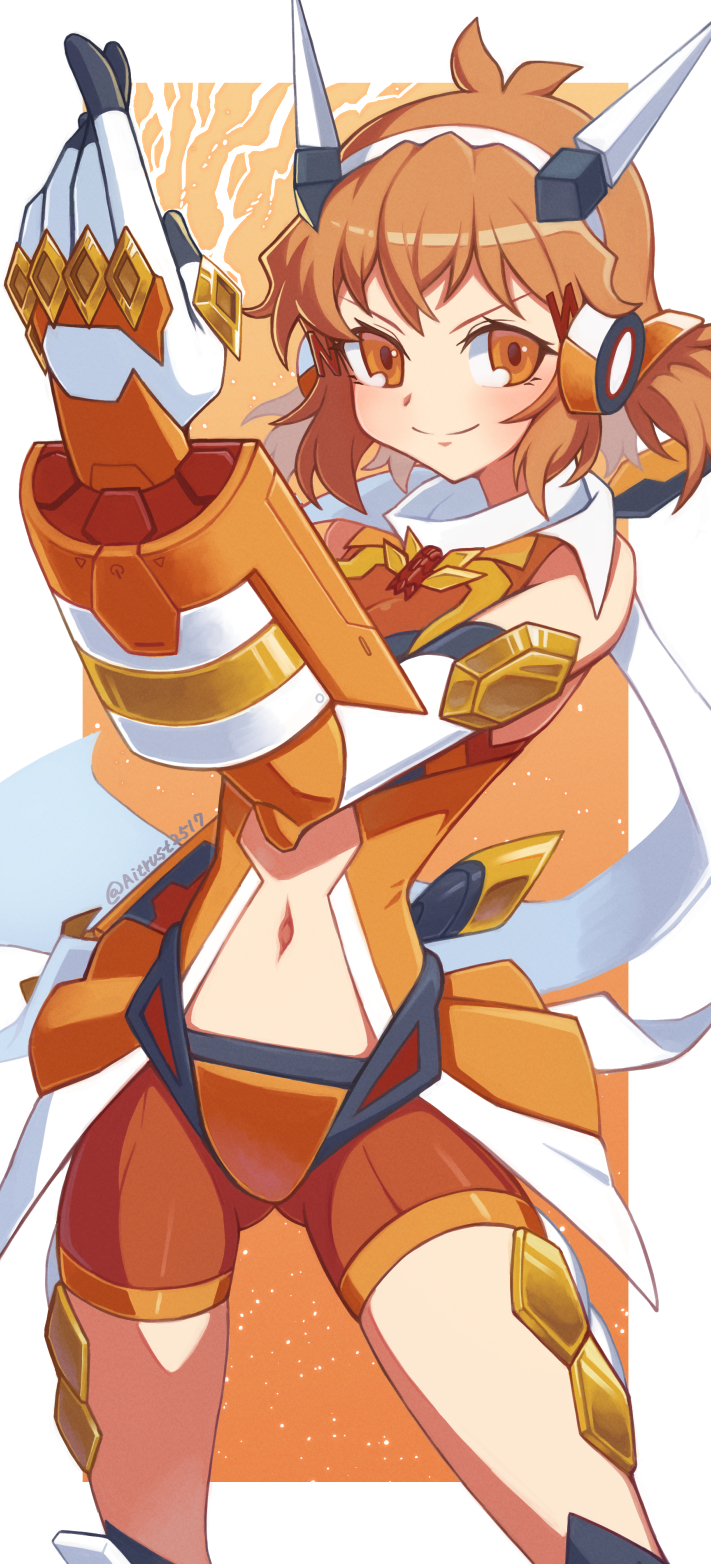 1girl border brown_eyes brown_hair brown_shirt brown_shorts closed_mouth eyelashes gloves gluteal_fold hairband hibun_tsukasa highres navel senki_zesshou_symphogear shirt short_hair shorts smile solo tachibana_hibiki_(symphogear) white_border white_gloves white_hairband