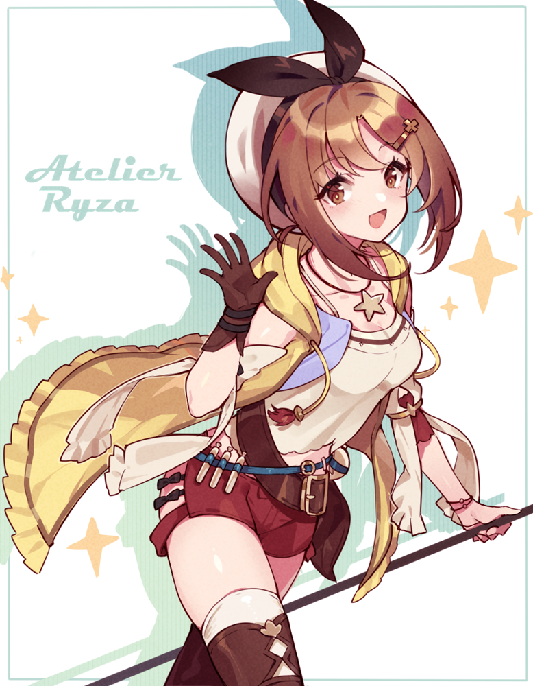 1girl :d atelier_(series) atelier_ryza atelier_ryza_1 beret breasts brown_eyes brown_gloves brown_hair cleavage commentary_request copyright_name cowboy_shot drop_shadow gloves hair_ornament hairclip hand_up hat holding holding_staff jacket jewelry looking_at_viewer medium_breasts necklace open_hand open_mouth red_shorts reisalin_stout sharlorc short_hair short_shorts shorts sleeveless sleeveless_jacket smile solo sparkle staff standing star_(symbol) star_necklace white_hat yellow_jacket