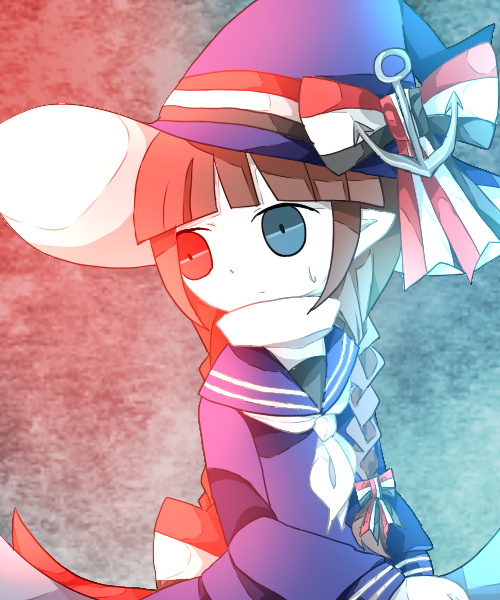 1girl anchor bad_id bad_pixiv_id blue_eyes blunt_bangs braid brown_hair female_focus funamusea funamusea_(style) gradient_background hat heterochromia looking_to_the_side muxiyou necktie oounabara_to_wadanohara own_hands_together pale_skin pointy_ears red_eyes school_uniform serafuku sidelocks solo twin_braids wadanohara witch_hat