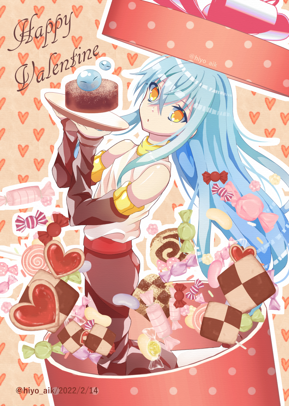 1other belt black_pants black_sleeves blue_hair cake candy detached_sleeves food happy_valentine highres hiyo_(monstarpinkcat) long_hair pants red_belt rimuru_tempest shirt tensei_shitara_slime_datta_ken valentine white_shirt yellow_eyes