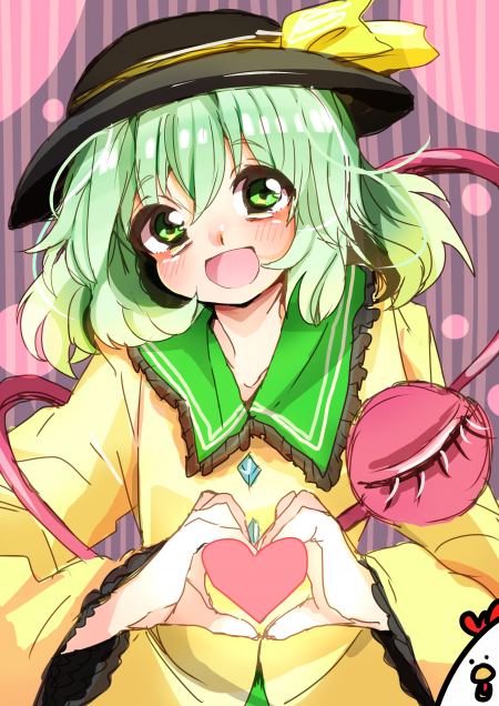 1girl female_focus green_eyes green_hair hat hat_ribbon heart komeiji_koishi long_hair long_sleeves matching_hair/eyes natsu_(norari_kurari) open_mouth ribbon smile solo third_eye touhou