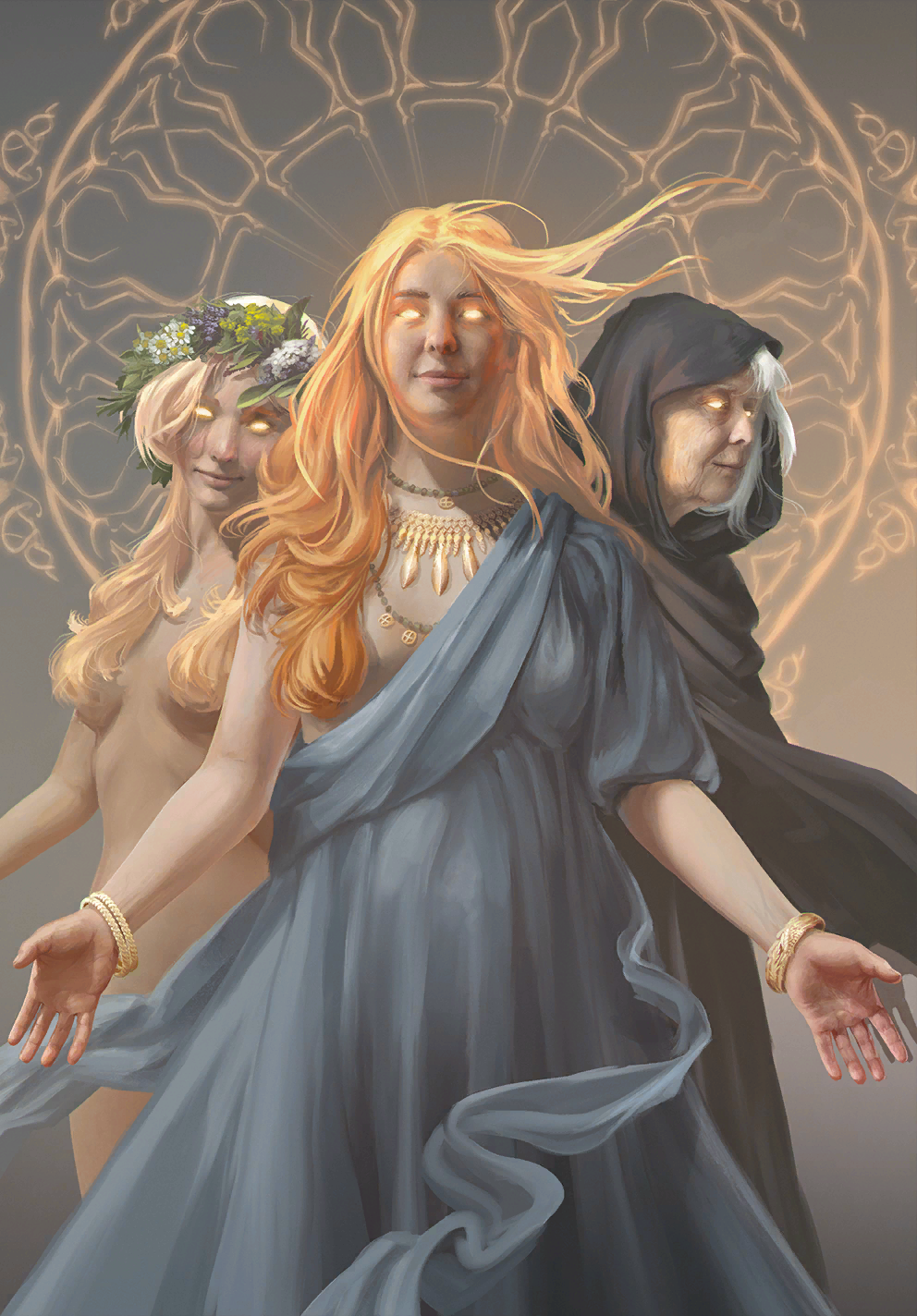 3girls black_robe blonde_hair blue_dress cloak completely_nude dress glowing glowing_eyes grey_hair gwent_(game) hair_over_breasts head_wreath highres hood hooded_cloak jewelry long_hair looking_at_viewer melitele multiple_girls necklace non-web_source nude robe the_witcher_(series)