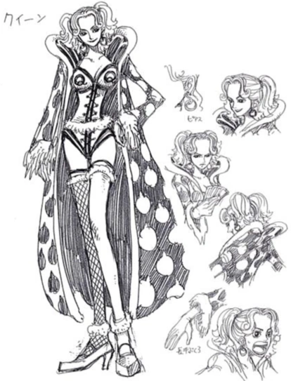 1girl asymmetrical_legwear breasts character_sheet cleavage coat concept_art earrings fishnet_thighhighs fishnets full_body high_heels honey_queen jewelry large_breasts leotard lipstick long_hair looking_at_viewer makeup monochrome oda_eiichirou official_art one_piece one_piece:_clockwork_island_adventure revealing_clothes smile thighhighs toei_animation twintails wide_hips