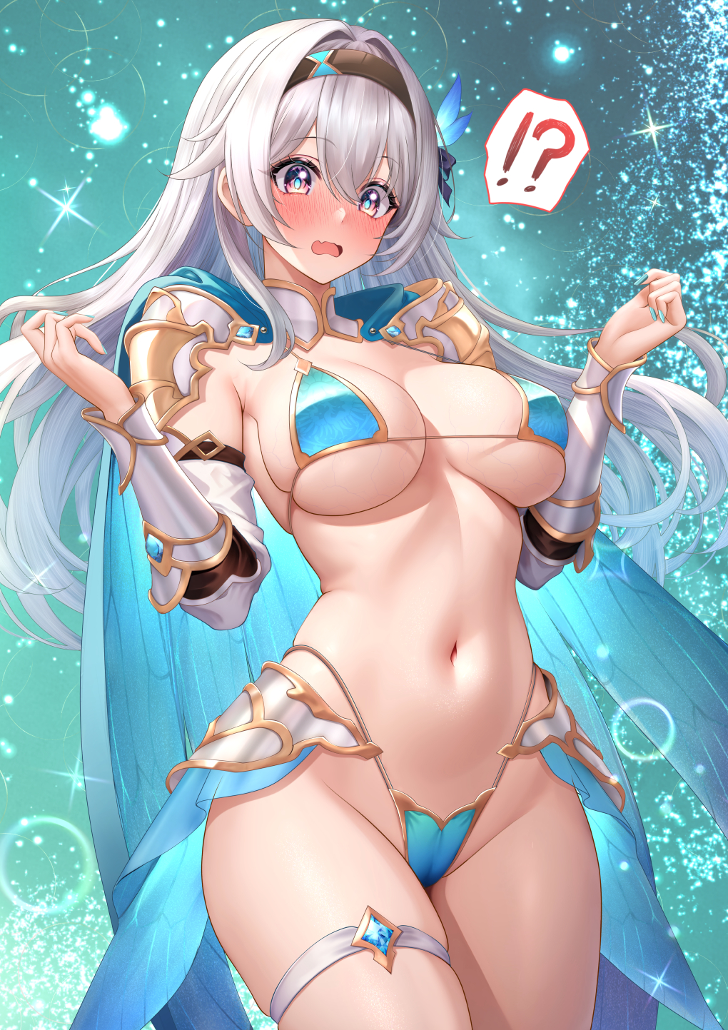 !? 1girl alternate_costume aqua_bikini aqua_cape armor armpit_crease bikini bikini_armor black_bow black_hairband blue_eyes blush bow breasts cape cleavage commentary_request cowboy_shot firefly_(honkai:_star_rail) green_background green_nails green_pupils groin hair_between_eyes hair_bow hair_intakes hairband hands_up highres honkai:_star_rail honkai_(series) large_breasts long_hair looking_down nail_polish navel open_mouth solo standing stomach studiopokotan swimsuit thigh_strap white_hair