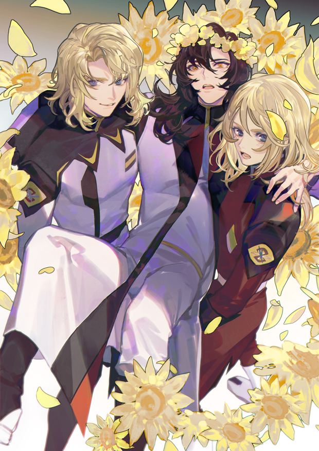 3boys black_hair blonde_hair blue_eyes carrying carrying_person flower gilbert_durandal gundam gundam_seed gundam_seed_destiny hangleing jacket lifting_person long_hair long_sleeves male_focus medium_hair military military_uniform multiple_boys open_mouth orange_eyes rau_le_creuset red_jacket rey_za_burrel smile sunflower wavy_hair white_jacket yellow_flower zaft_uniform