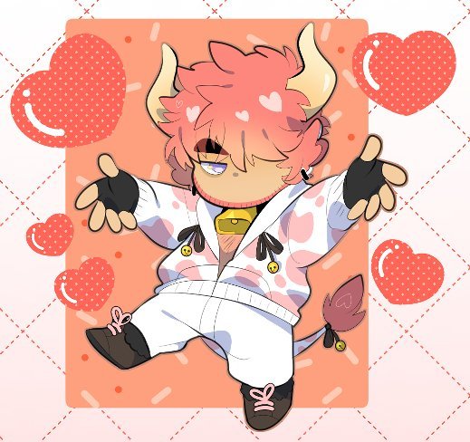 1boy animal_ears animal_print bara beard bell belt_collar black_gloves blowing_kiss checkered_background chest_hair chibi collar cow_boy cow_ears cow_horns cow_print cow_tail cowbell facial_hair fingerless_gloves full_body gloves hair_over_one_eye half-closed_eyes heart heart_background hood hood_down hooded_jacket horns jacket looking_at_viewer male_focus mature_male moosopp original outstretched_arms pink_hair print_jacket purple_eyes sal_(moosopp) short_hair solo tail thick_eyebrows