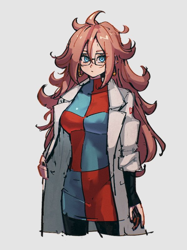 1girl ahoge android_21 blue_eyes breasts brown_hair checkered_clothes checkered_dress coat detached_sleeves dragon_ball dragon_ball_fighterz dress earrings glasses grey_background hair_between_eyes hoop_earrings jewelry kemachiku lab_coat large_breasts long_hair looking_at_viewer messy_hair pantyhose red_ribbon_army simple_background solo white_coat