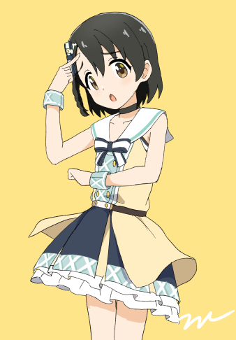 1girl aayh arm_up bare_shoulders black_choker black_hair blue_sky braid brown_eyes brown_jacket choker collarbone commentary_request frilled_skirt frills hair_between_eyes hair_ornament idolmaster idolmaster_cinderella_girls jacket looking_at_viewer lowres open_clothes open_jacket open_mouth sasaki_chie signature simple_background skirt sky sleeveless sleeveless_jacket solo wrist_cuffs yellow_background