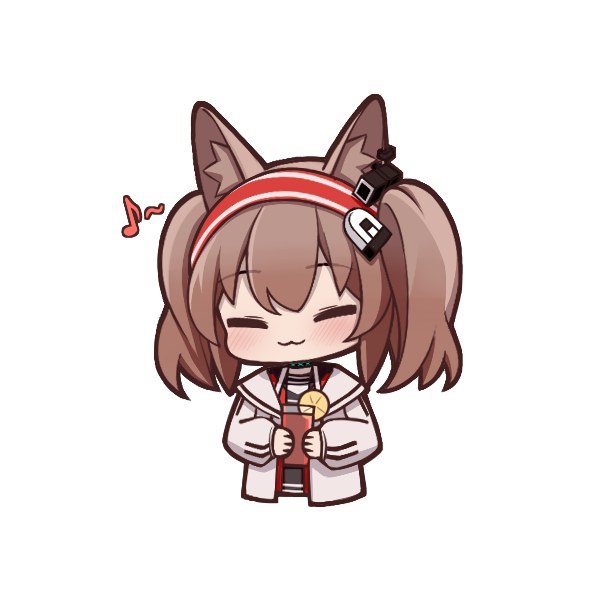 +_+ 1girl :3 angelina_(arknights) animal_ears arknights black_collar black_shirt blouse brown_hair chibi closed_eyes collar cropped_torso cup drink earpiece eighth_note food fox_ears fruit hairband happy holding holding_cup holding_drink infection_monitor_(arknights) jacket lemon lemon_slice long_hair lxjun_09 musical_note open_clothes open_jacket red_hairband shirt simple_background solo sparkle striped_clothes striped_hairband twintails upper_body white_background white_jacket