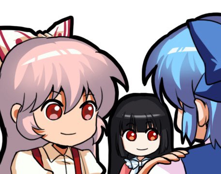 3girls black_hair blue_dress blue_hair bow bowtie cirno dress fujiwara_no_mokou hair_bow hand_on_another&#039;s_shoulder houraisan_kaguya jokanhiyou looking_at_another lowres multiple_girls pink_dress red_eyes shirt simple_background smile suspenders touhou white_background white_hair white_shirt