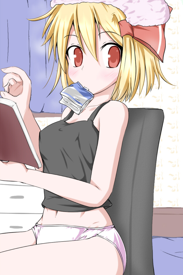 1girl blonde_hair chair cherry_blossoms curtains female_focus hair_ribbon kirino_souya looking_at_viewer mouth_hold navel panties pink_panties red_eyes ribbon rumia sitting solo tank_top touhou towel towel_on_head underwear underwear_only