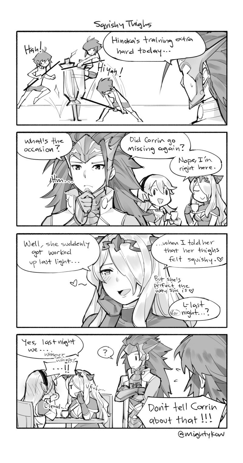 1boy 3girls 4koma armor camilla_(fire_emblem) chair comic corrin_(female)_(fire_emblem) corrin_(fire_emblem) english_text fire_emblem fire_emblem_fates ge-b greyscale highres hinoka_(fire_emblem) long_hair monochrome multiple_girls nintendo ryoma_(fire_emblem) shorts spiked_hair tank_top tea training very_long_hair weight_conscious