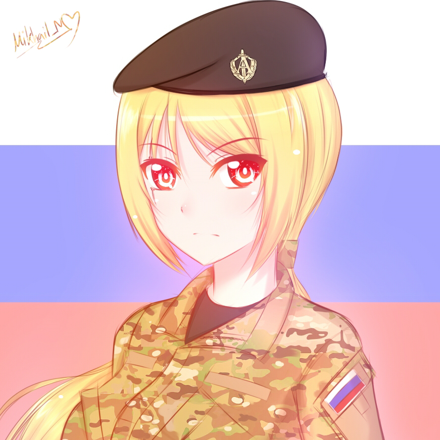 1girl bad_id bad_pixiv_id beret blonde_hair camouflage female_focus hat mikhail_n762 military military_uniform ponytail russia solo woodland_camouflage