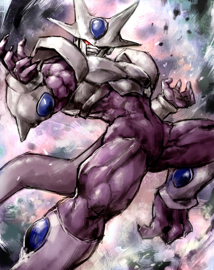 1boy abs background_request colored_sclera colored_skin commentary_request cooler_(dragon_ball) cooler_(fifth_form)_(dragon_ball) covered_pectorals disutihada dragon_ball dragonball_z gem glowing glowing_eyes male_focus mask mouth_mask muscular muscular_male navel no_pupils purple_skin red_sclera solo tail white_tail