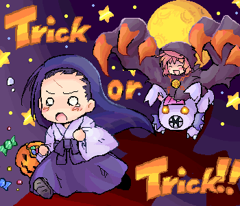 2girls atlus bad_id bad_pixiv_id candy character_request food full_moon halloween long_hair lowres moon multiple_girls pote_(ptkan) ren_(sekaiju) etrian_odyssey tlachtga trick_or_treat